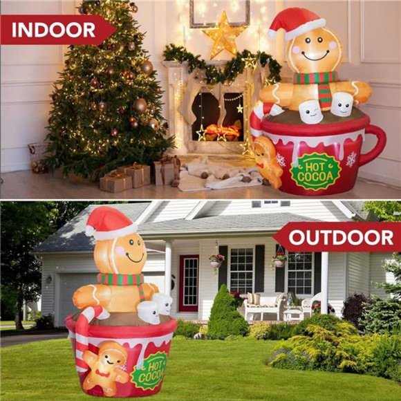 6FT Christmas Inflatable Couple Gingerbread Man in Hot Cocoa  6 FT Christmas Inflatables Outdoor Decorations, Gingerbread Man in Hot Cocoa Mug